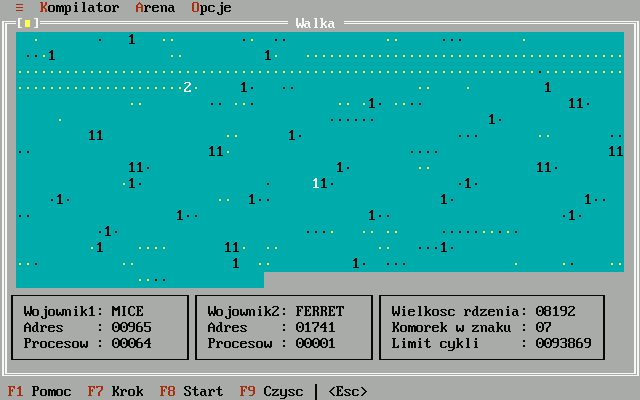Arbiter w trybie podglądu areny. Obrazek pochodzi ze strony Corewar – the Ultimate Programming Game
