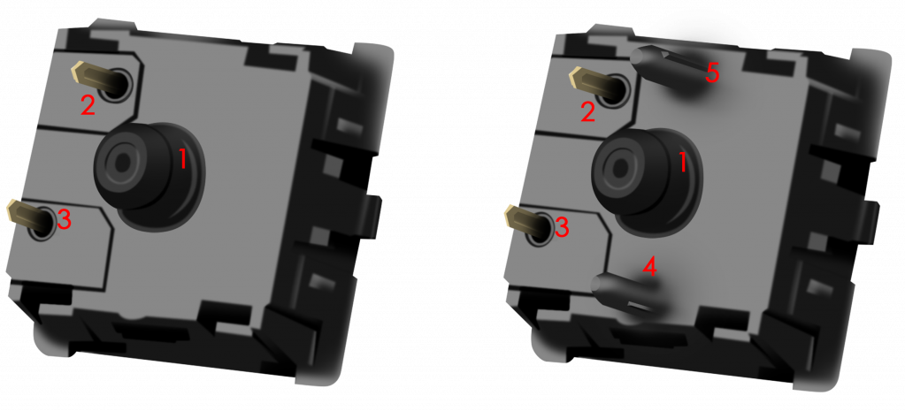 Zdjęcie spodów dwóch przełączników – po lewej przełącznik trzypinowy, po prawej – pięciopinowy. Za: https://fantechworld.com/hot-swappable-switches-what/.